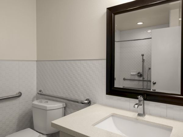 A clean bathroom with a white sink, dark-framed mirror, toilet, and safety grab bars on the tiled wall, reflecting a shower behind the mirror.