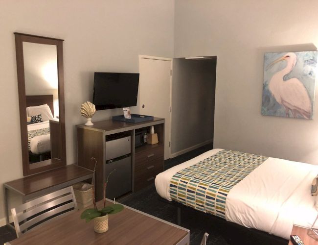A cozy hotel-style room with a bed, a dresser, a wall mirror, a small TV, a desk, a chair, and a flamingo artwork on the wall, all neatly arranged.