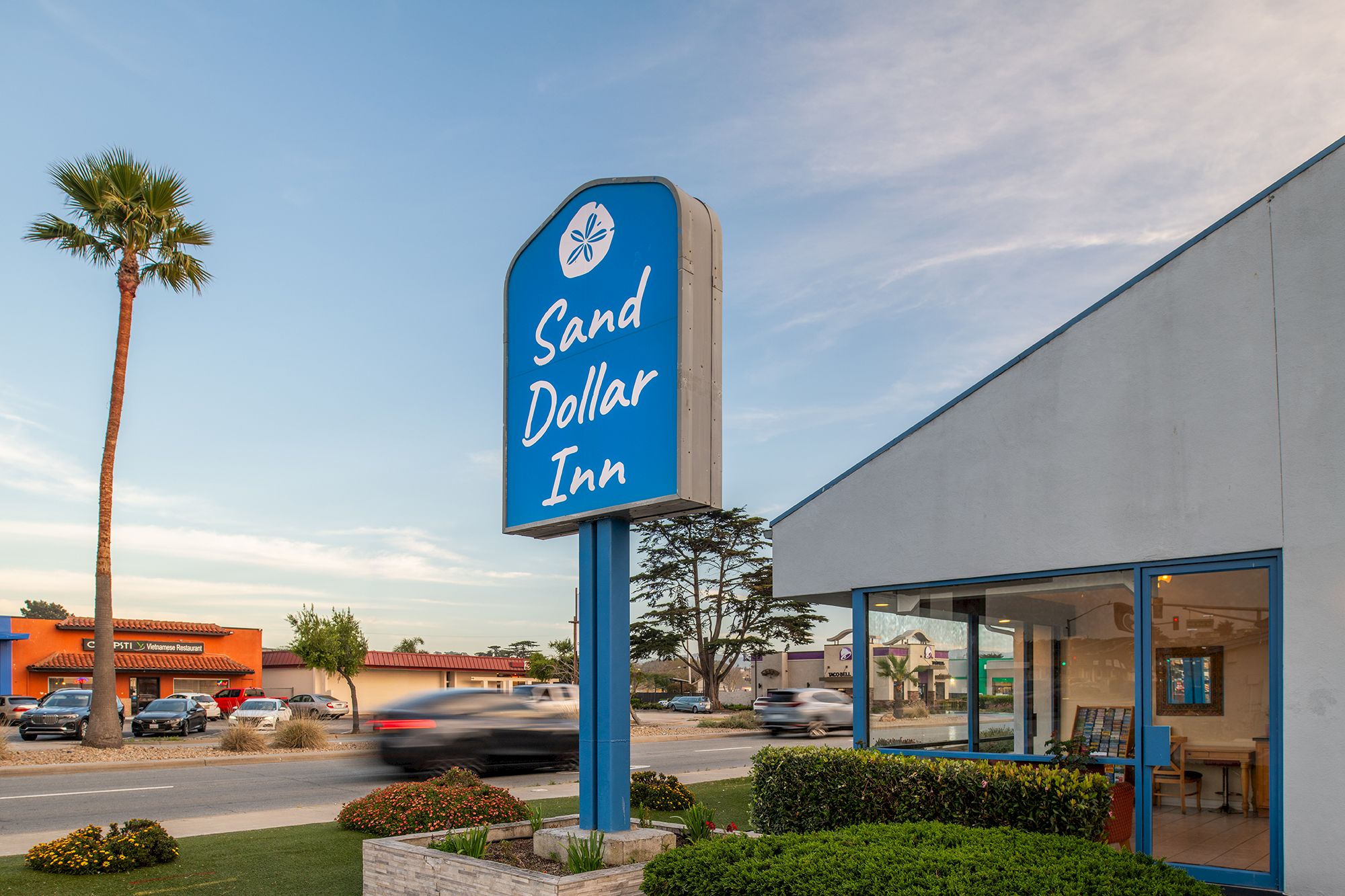 A blue sign reads &ldquo;Sand Dollar Inn&rdquo; outside a single-story motel with a covered entrance, palm tree, and a sunny parking lot.